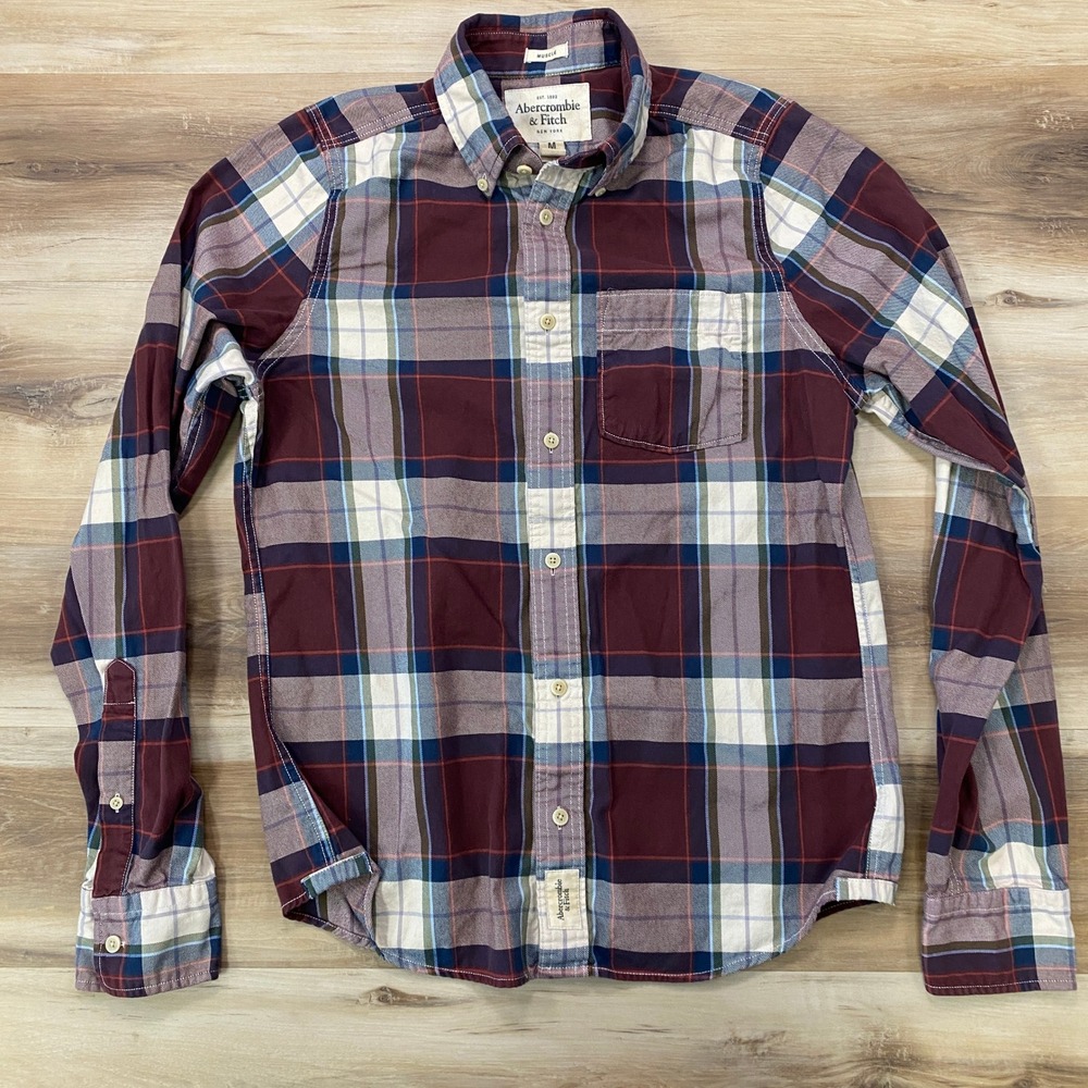 Abercrombie & Fitch Oxford Shirt M Plaid Cotton Muscle Fit Burgundy Blue